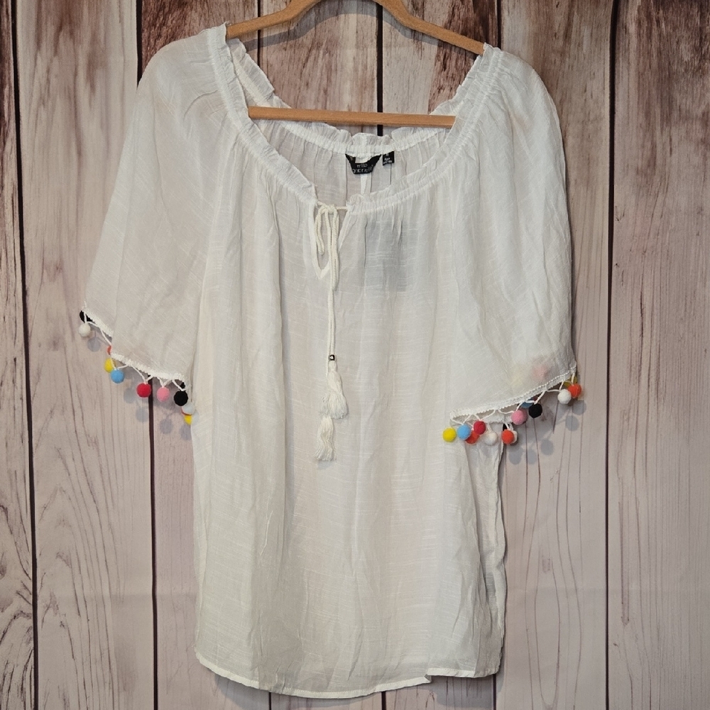 Mlle Gabrielle White Peasant Blouse with Multicolor Pom Poms Womens XL